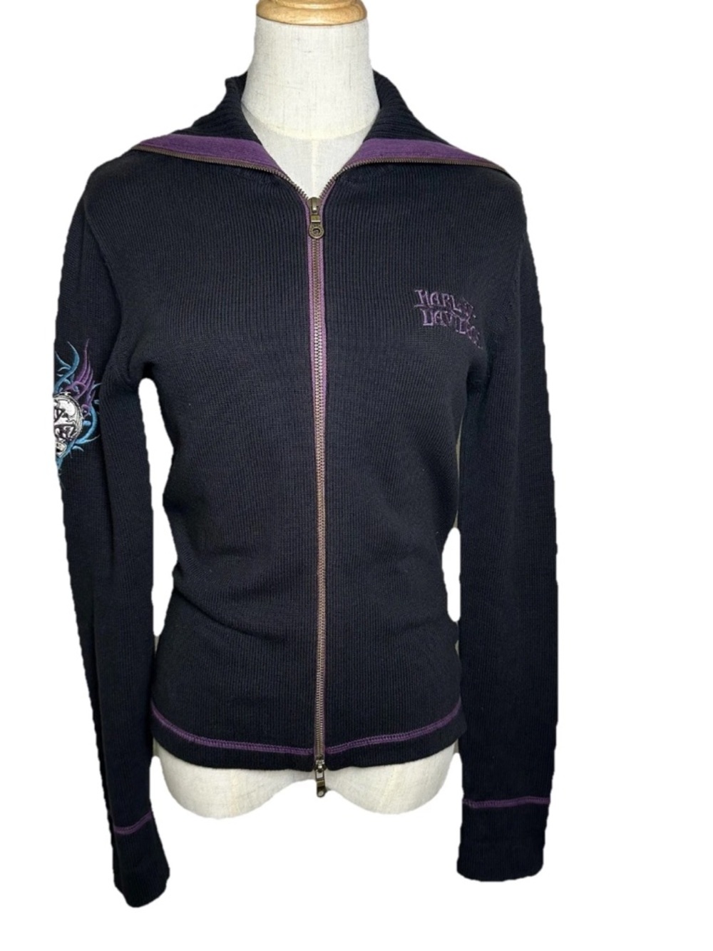 Harley-Davidson Sweater Womens Small Black Full Zip Embroidered Goth Heart Moto